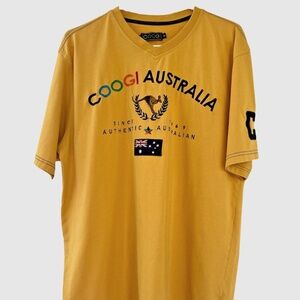 Coogi Australia Since 1969 Embroidered Kangaroo & Flag Yellow V Neck T Shirt